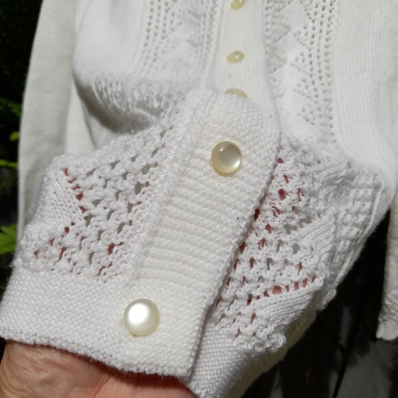 Vintage 60s Cardigan Sweater White Large 43" Bust Moonglow Buttons - Picture 5 of 12